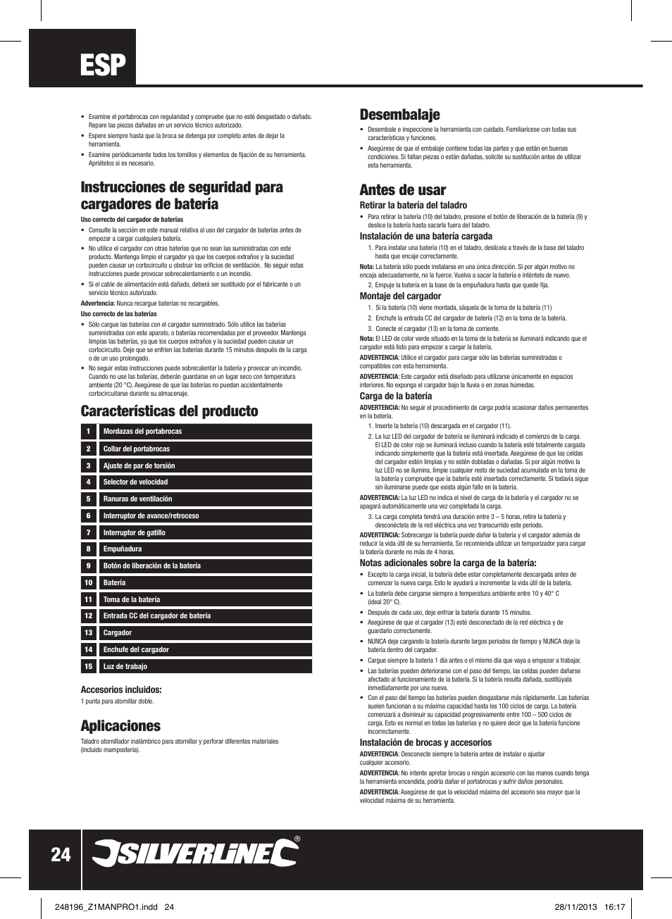 Aplicaciones, Desembalaje, Antes de usar | Características del producto | Silverline 18V Combi Hammer Drill User Manual | Page 25 / 40