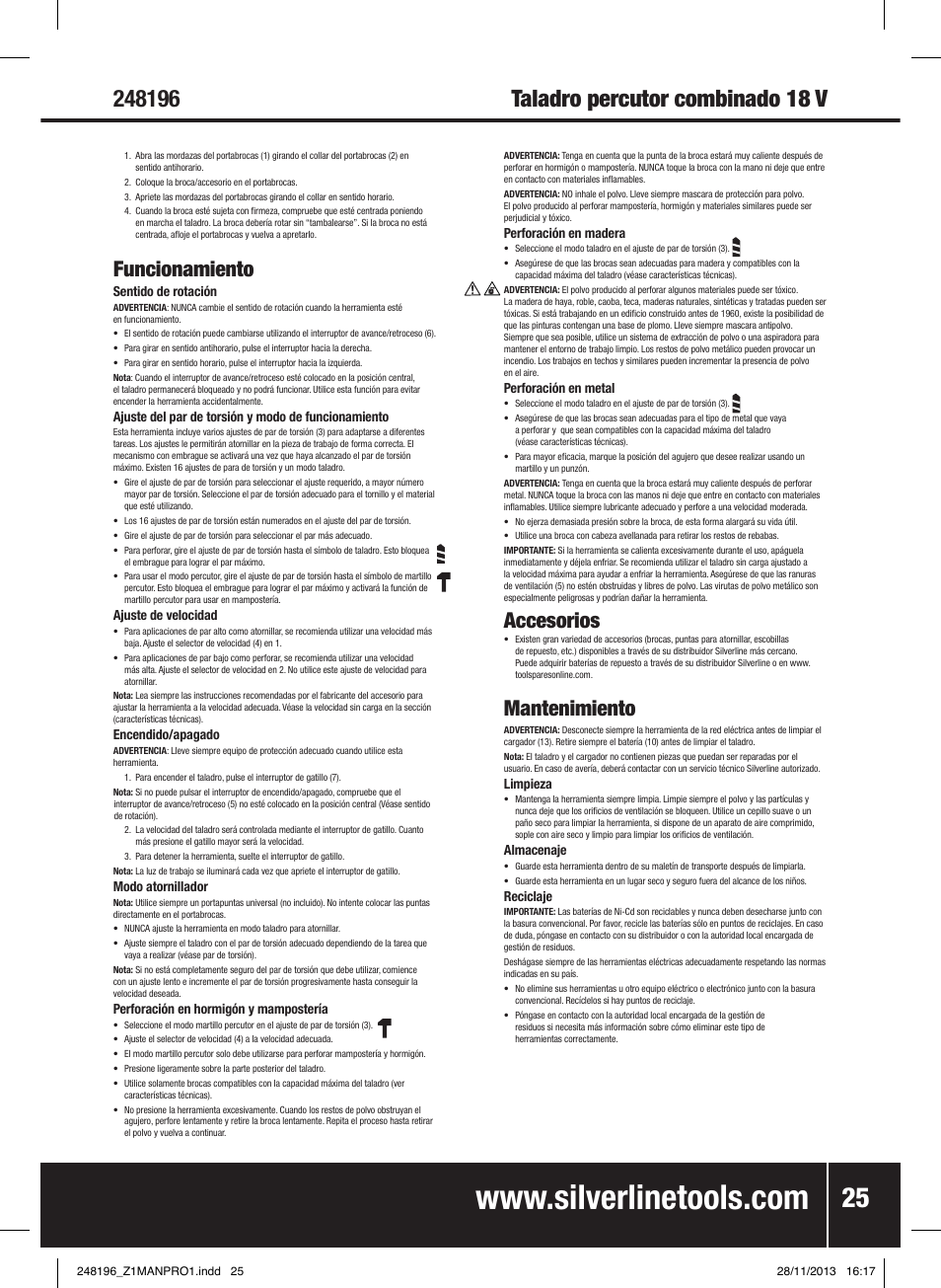 Funcionamiento, Accesorios, Mantenimiento | Silverline 18V Combi Hammer Drill User Manual | Page 26 / 40