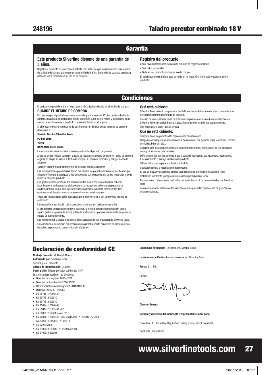 Garantía silverline tools condiciones garantía, Declaración de conformidad ce | Silverline 18V Combi Hammer Drill User Manual | Page 28 / 40