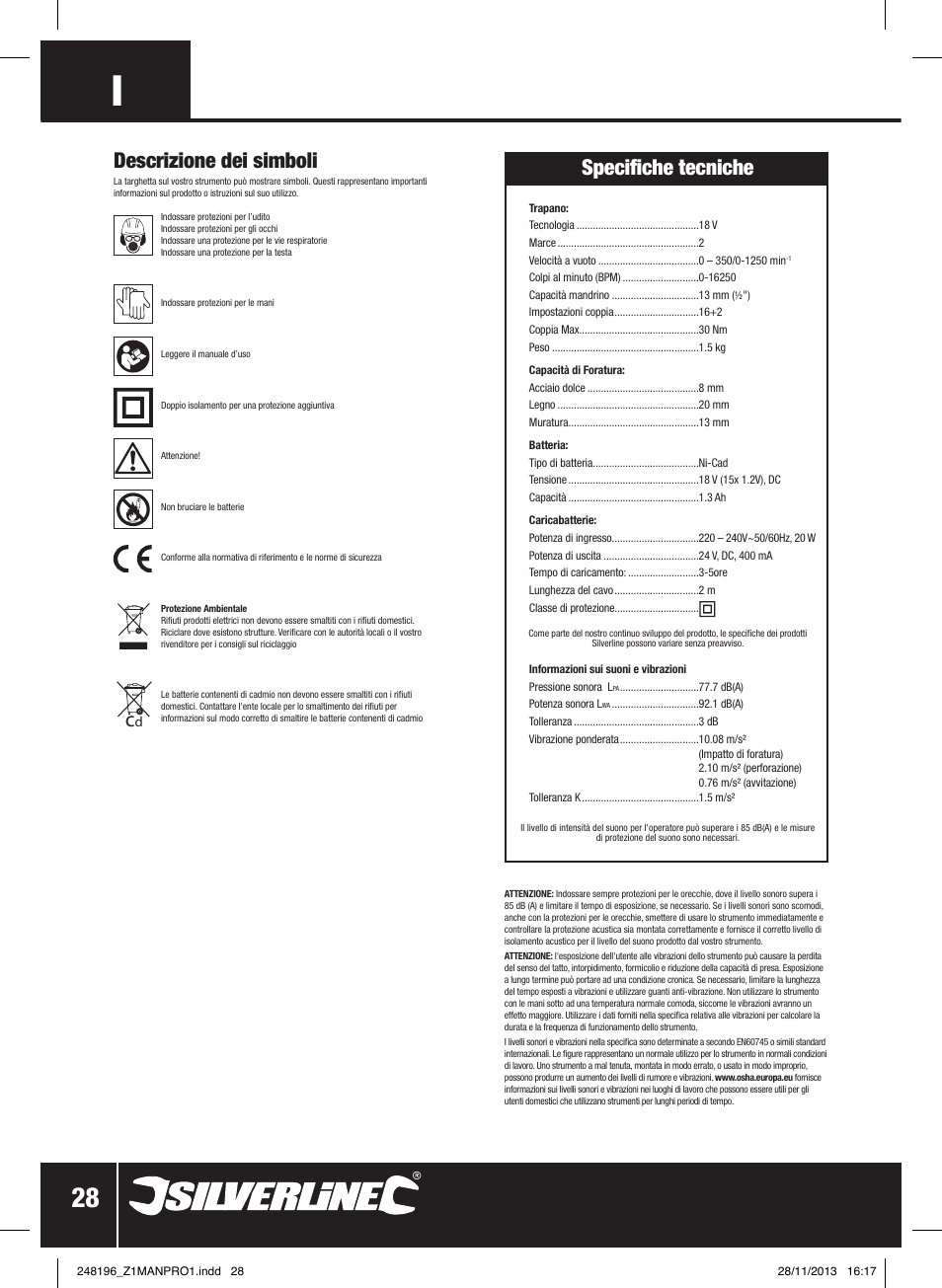 Descrizione dei simboli, Specifiche tecniche | Silverline 18V Combi Hammer Drill User Manual | Page 29 / 40