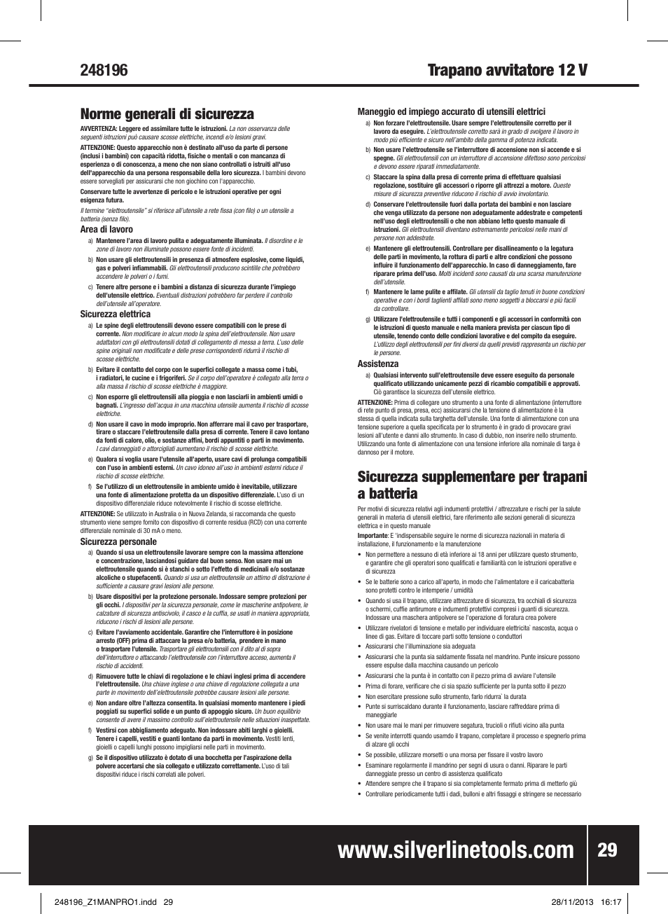 Norme generali di sicurezza, Sicurezza supplementare per trapani a batteria | Silverline 18V Combi Hammer Drill User Manual | Page 30 / 40