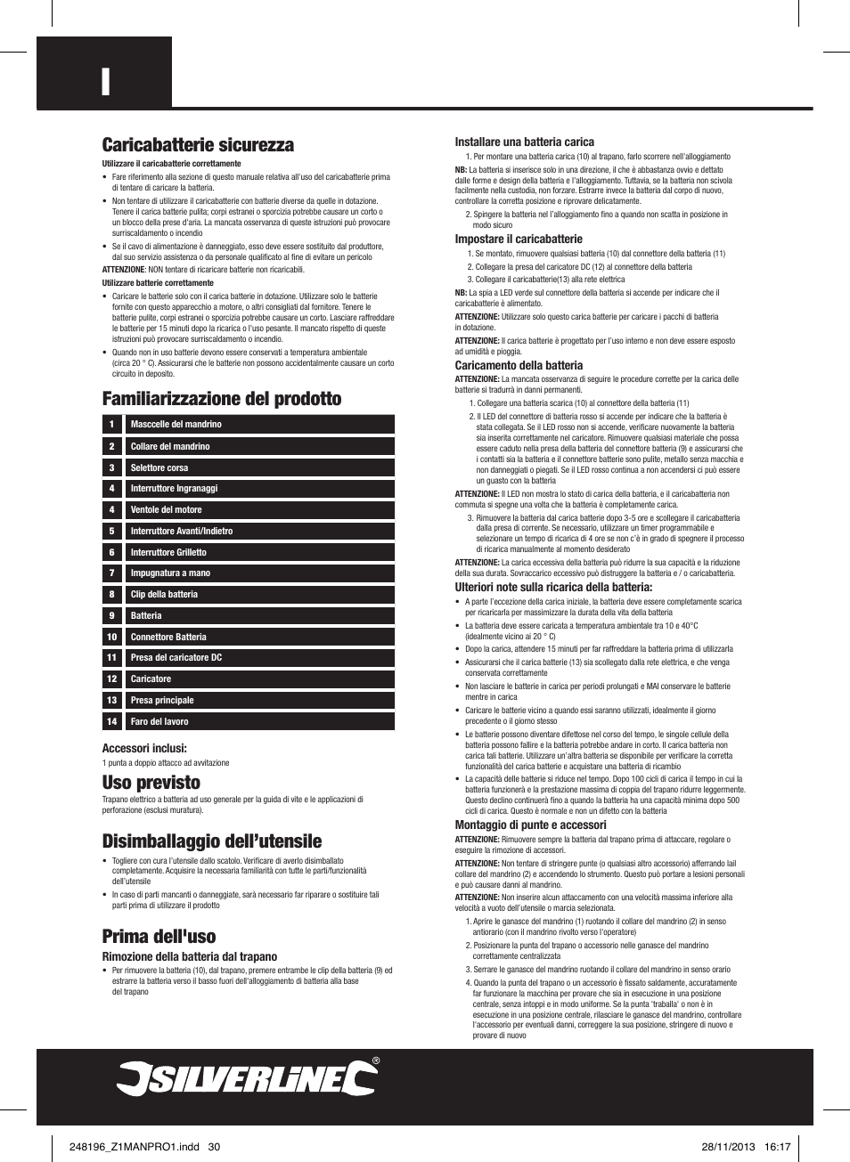Caricabatterie sicurezza, Uso previsto, Disimballaggio dell’utensile | Prima dell'uso, Familiarizzazione del prodotto | Silverline 18V Combi Hammer Drill User Manual | Page 31 / 40