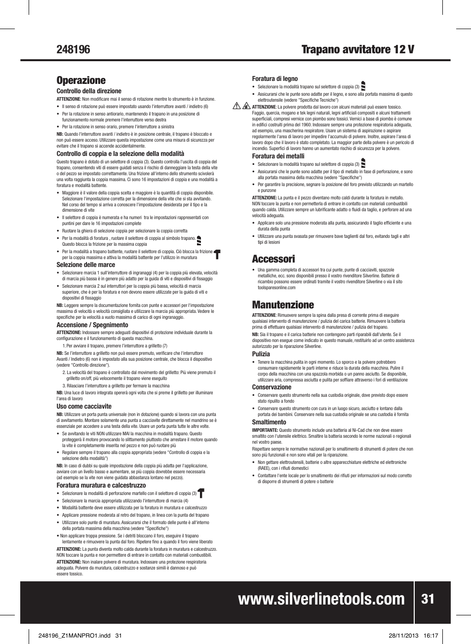 Operazione, Accessori, Manutenzione | Silverline 18V Combi Hammer Drill User Manual | Page 32 / 40