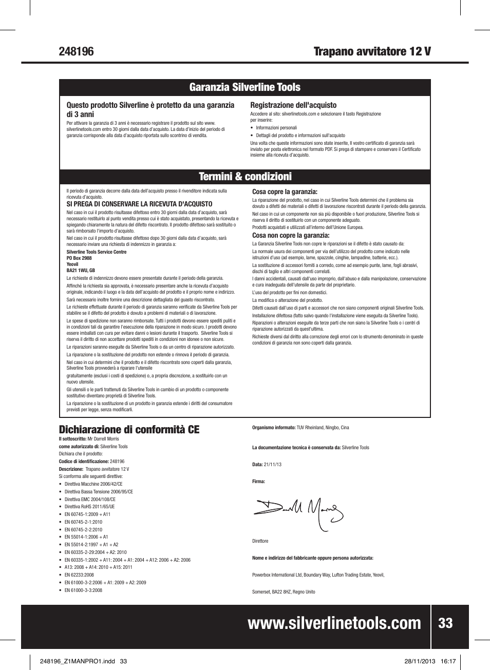 Termini & condizioni garanzia silverline tools, Dichiarazione di conformità ce | Silverline 18V Combi Hammer Drill User Manual | Page 34 / 40