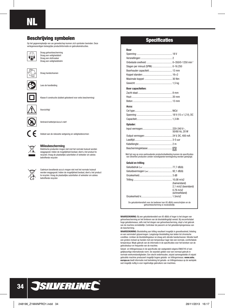 Beschrijving symbolen, Specificaties | Silverline 18V Combi Hammer Drill User Manual | Page 35 / 40