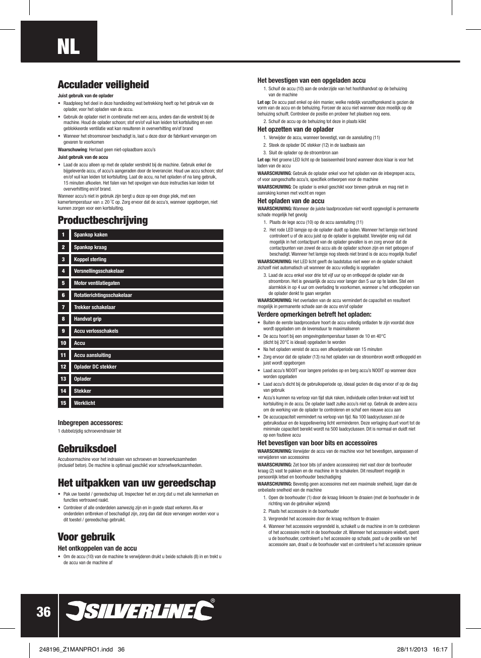 Acculader veiligheid, Gebruiksdoel, Het uitpakken van uw gereedschap | Voor gebruik, Productbeschrijving | Silverline 18V Combi Hammer Drill User Manual | Page 37 / 40