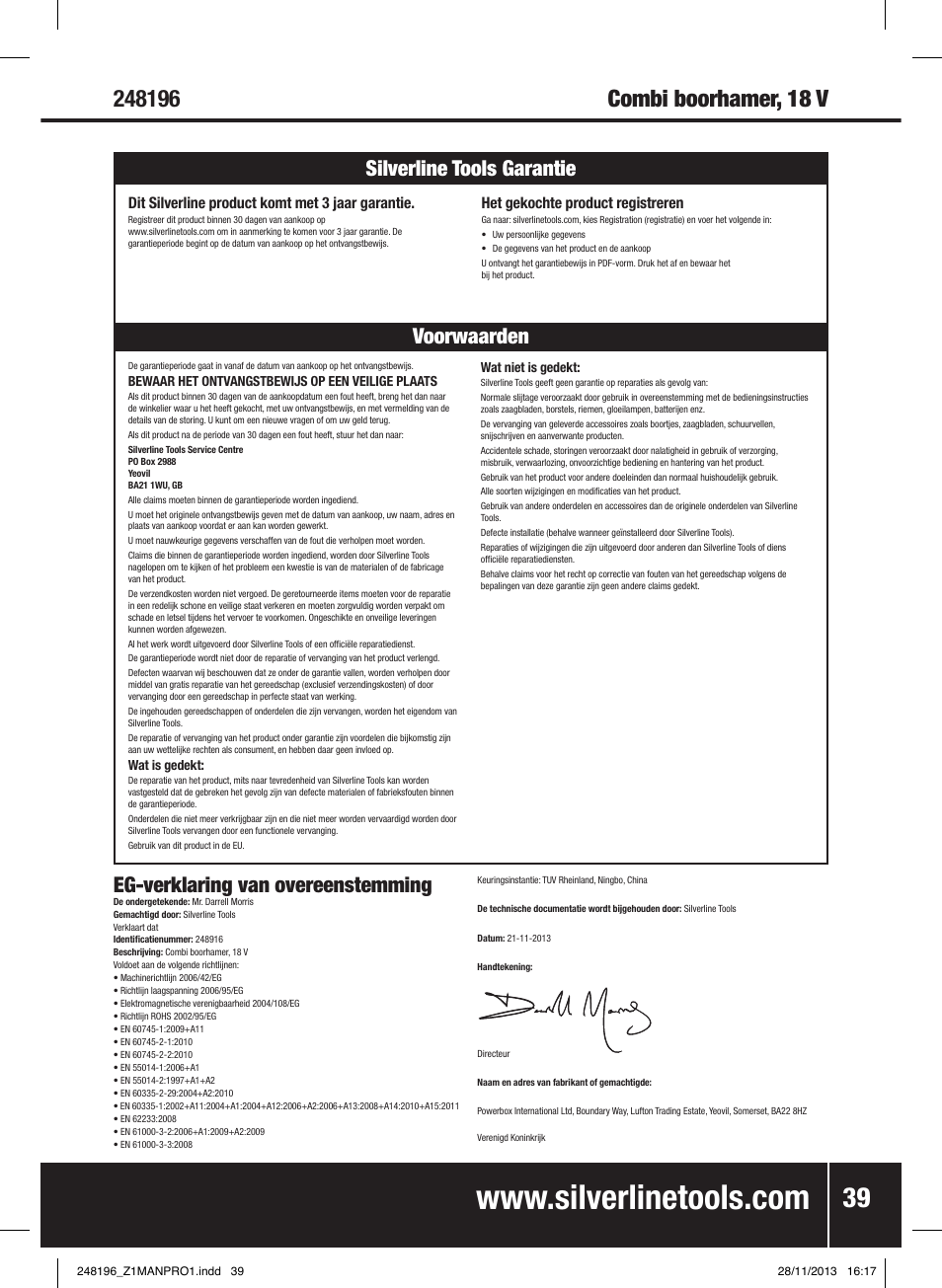 Voorwaarden silverline tools garantie, Eg-verklaring van overeenstemming | Silverline 18V Combi Hammer Drill User Manual | Page 40 / 40