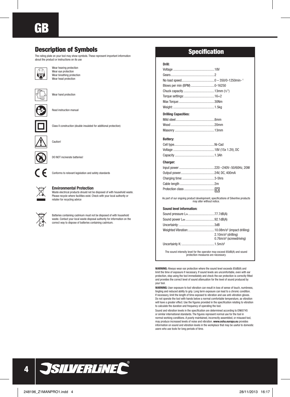 Specification, Description of symbols | Silverline 18V Combi Hammer Drill User Manual | Page 5 / 40