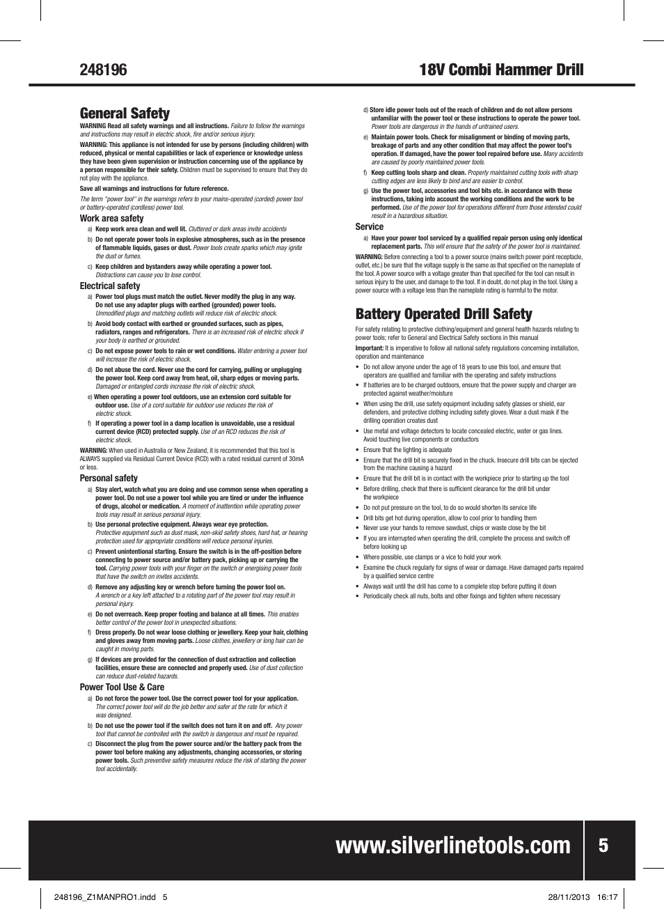 General safety, Battery operated drill safety | Silverline 18V Combi Hammer Drill User Manual | Page 6 / 40