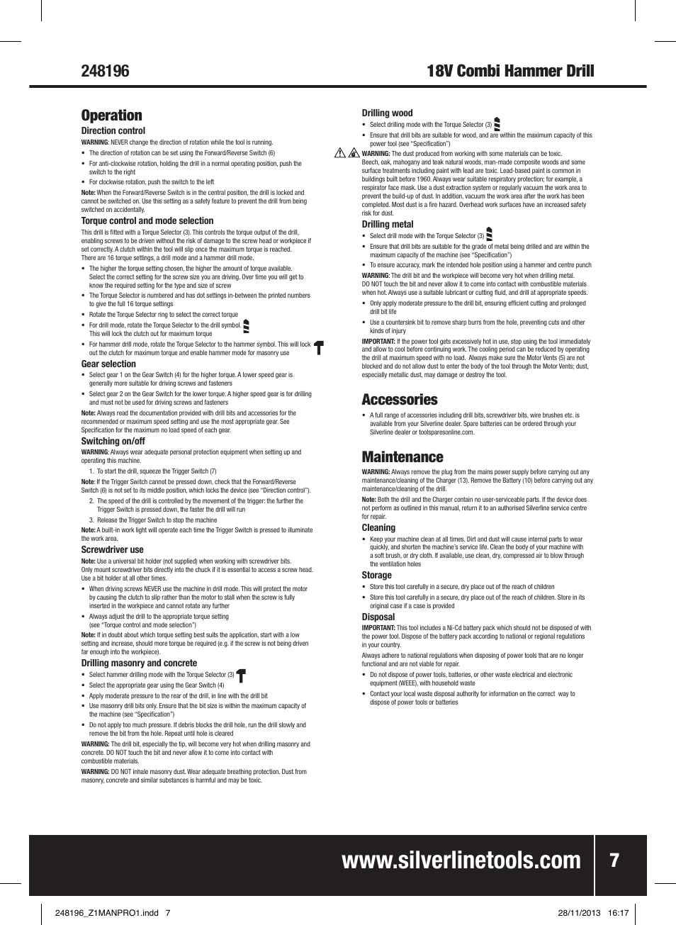 Operation, Accessories, Maintenance | Silverline 18V Combi Hammer Drill User Manual | Page 8 / 40