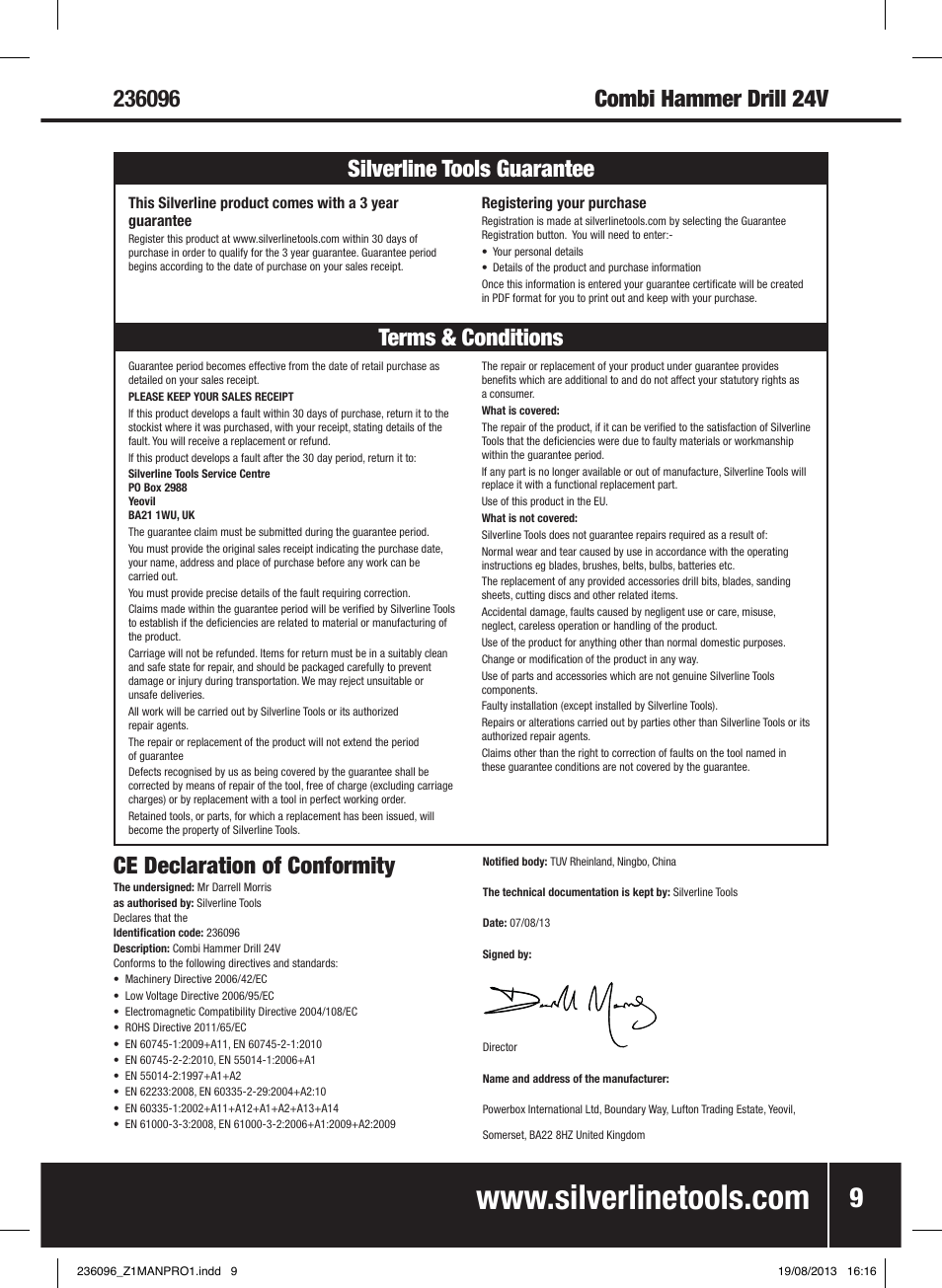 Ce declaration of conformity | Silverline 24V Combi Hammer Drill User Manual | Page 10 / 40