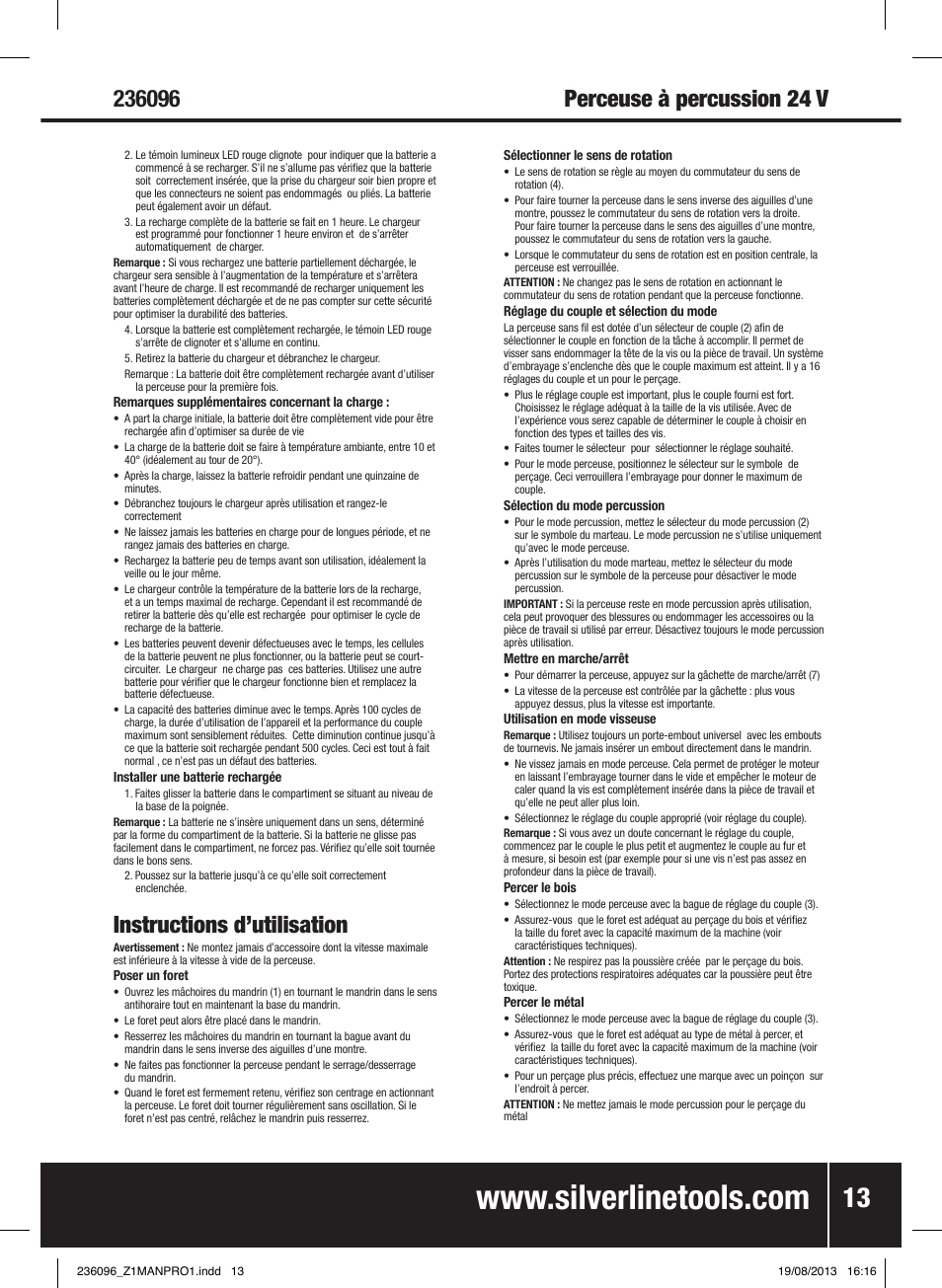 Instructions d’utilisation | Silverline 24V Combi Hammer Drill User Manual | Page 14 / 40