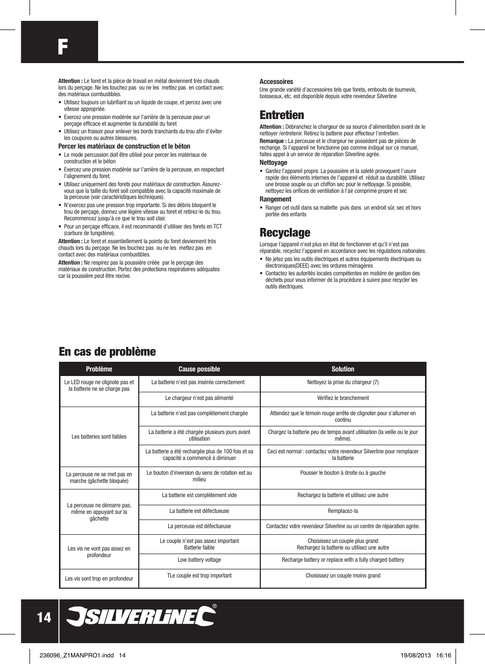 Entretien, Recyclage, En cas de problème | Silverline 24V Combi Hammer Drill User Manual | Page 15 / 40