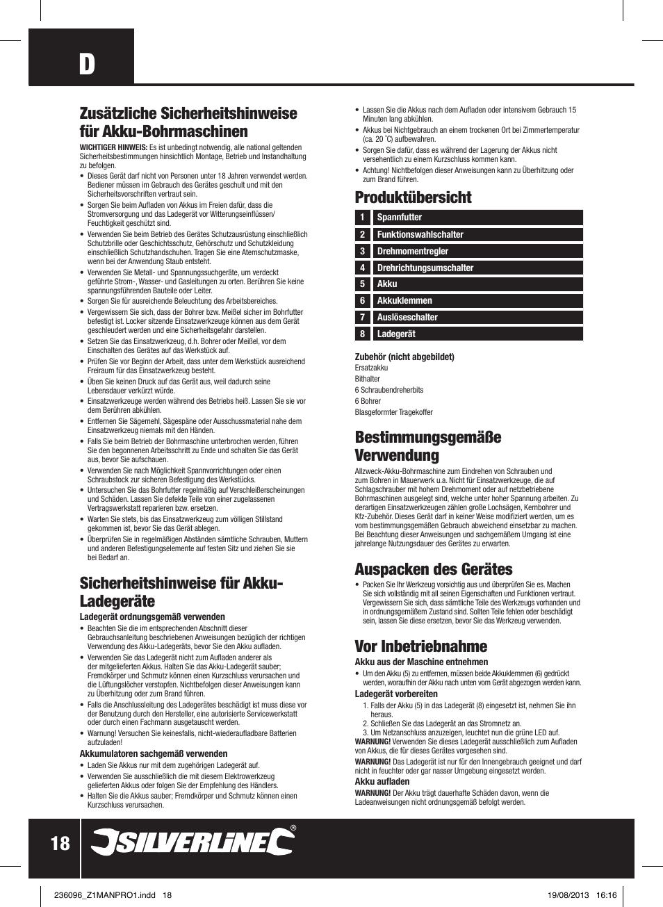 Bestimmungsgemäße verwendung, Auspacken des gerätes, Vor inbetriebnahme | Sicherheitshinweise für akku- ladegeräte | Silverline 24V Combi Hammer Drill User Manual | Page 19 / 40
