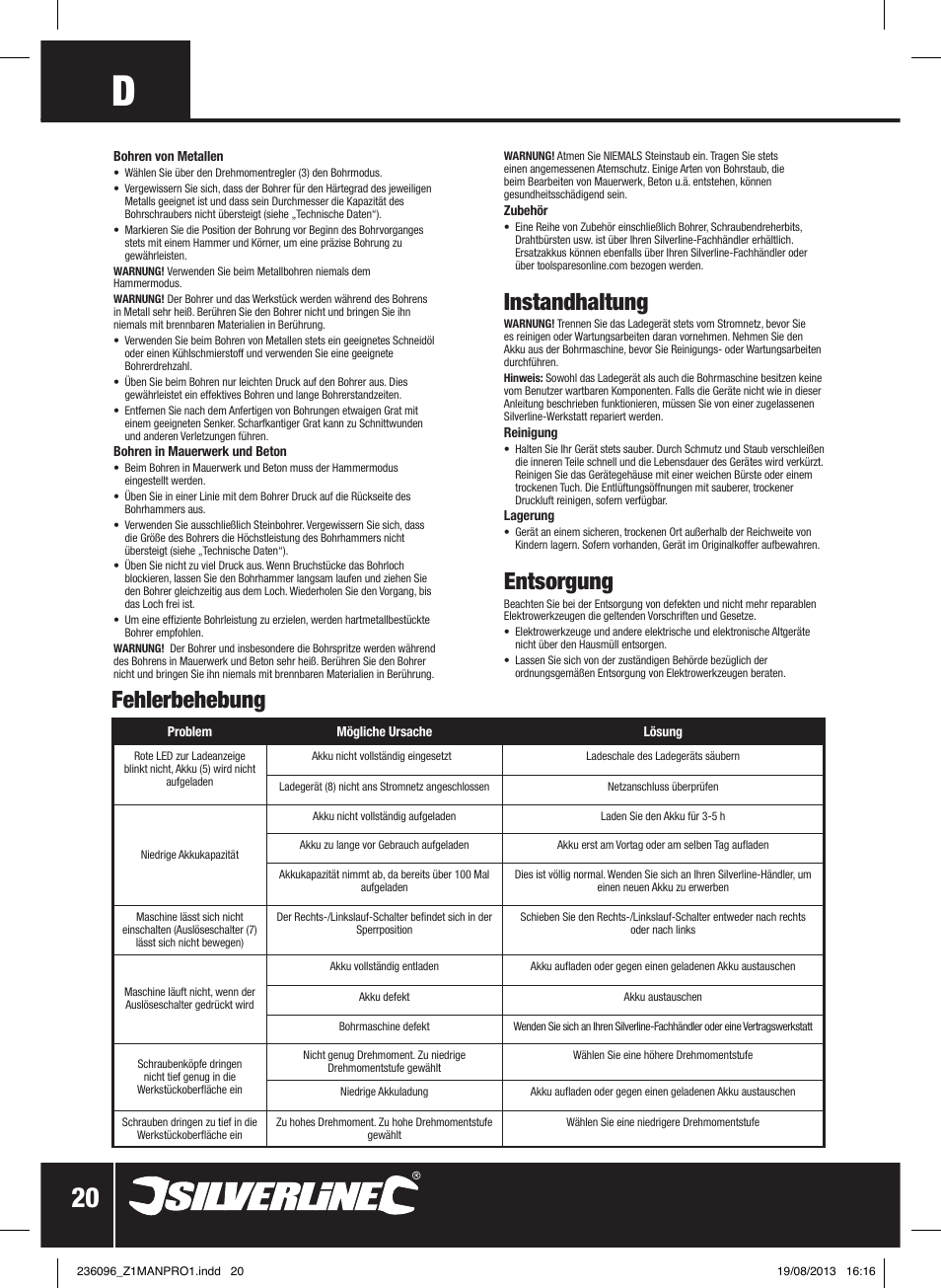 Instandhaltung, Entsorgung, Fehlerbehebung | Silverline 24V Combi Hammer Drill User Manual | Page 21 / 40