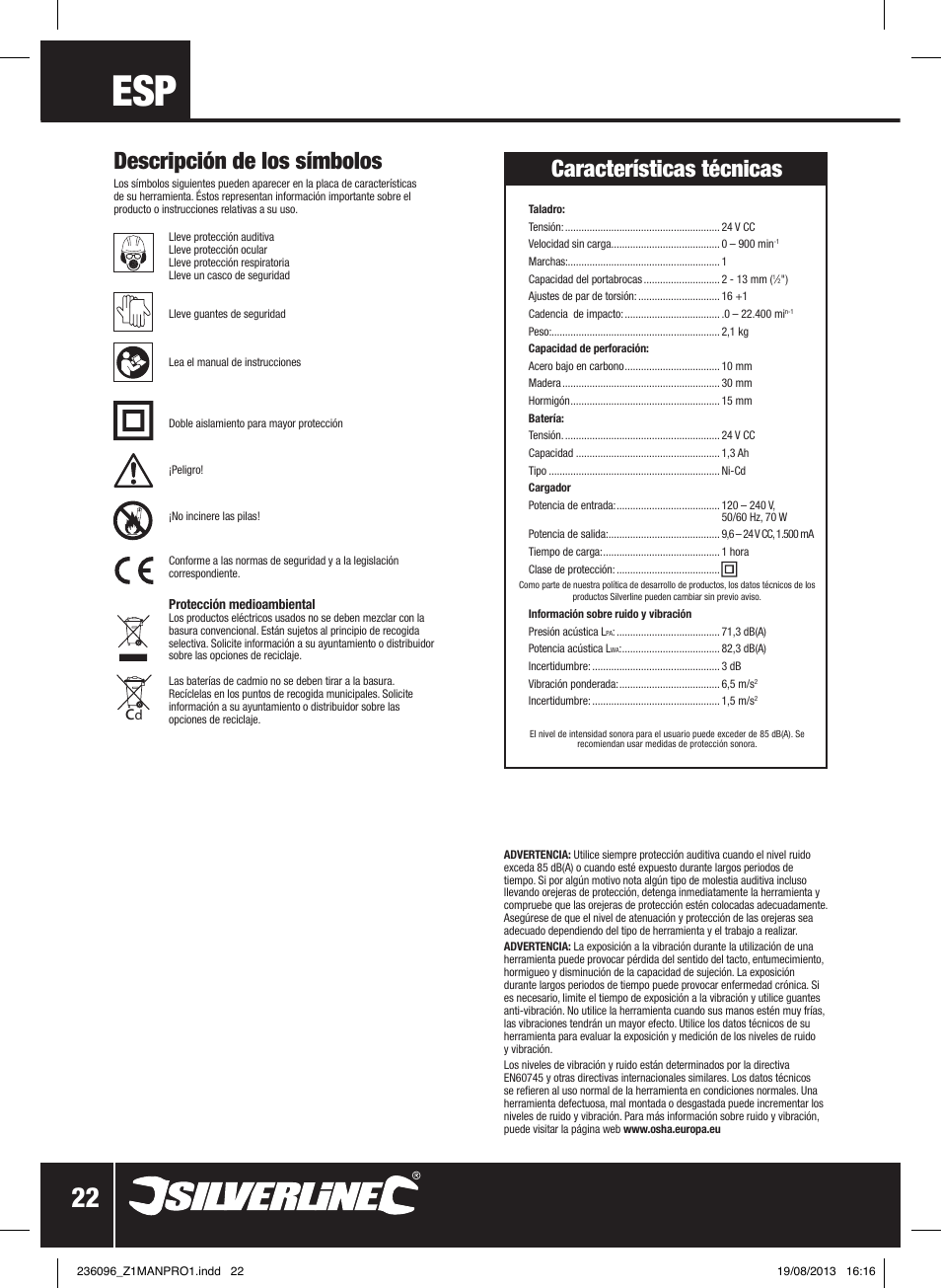 Descripción de los símbolos, Características técnicas | Silverline 24V Combi Hammer Drill User Manual | Page 23 / 40