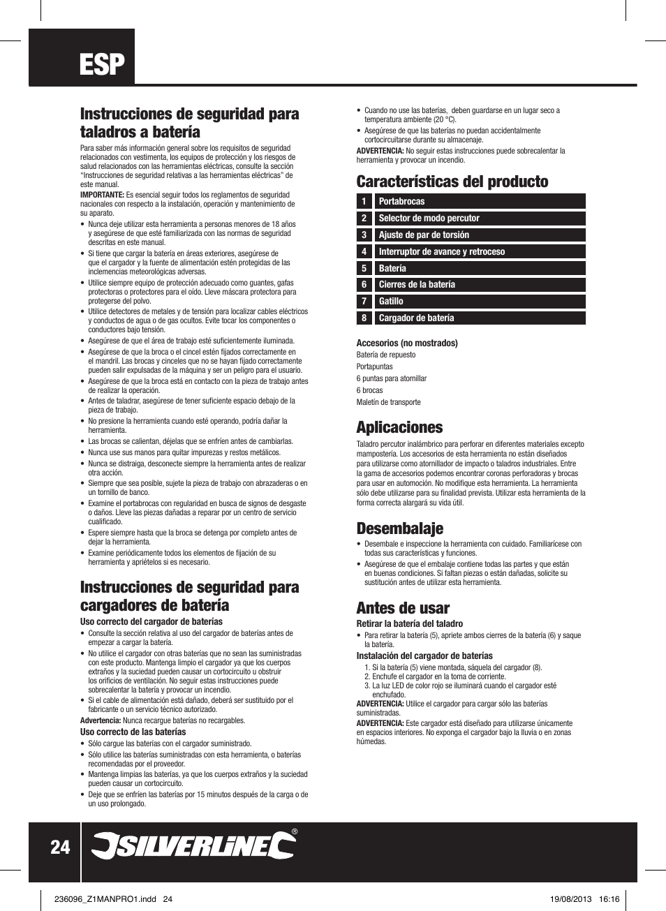 Aplicaciones, Desembalaje, Antes de usar | Silverline 24V Combi Hammer Drill User Manual | Page 25 / 40