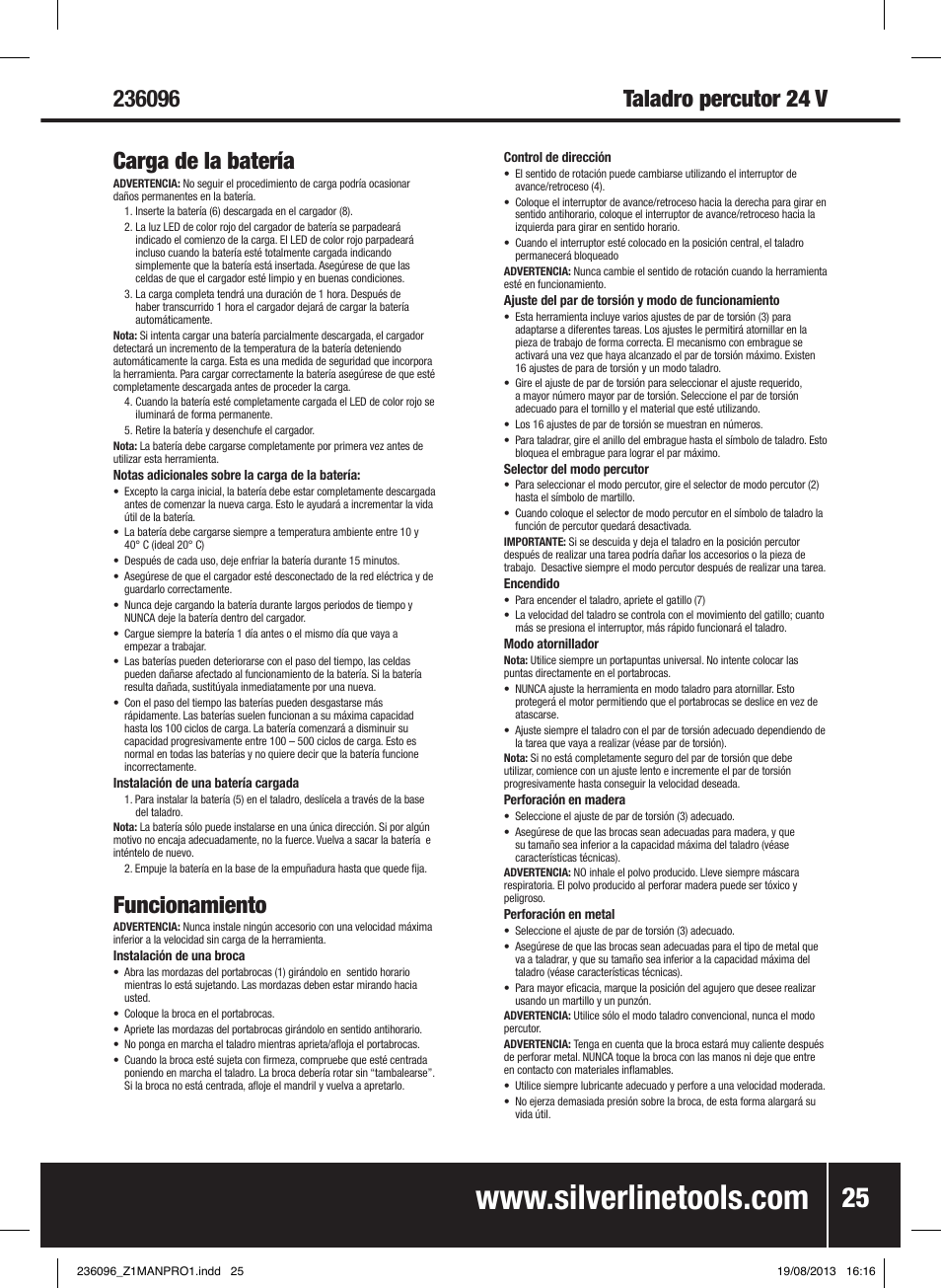 Funcionamiento | Silverline 24V Combi Hammer Drill User Manual | Page 26 / 40