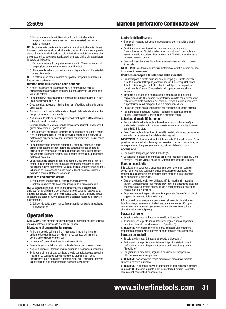 Operazione | Silverline 24V Combi Hammer Drill User Manual | Page 32 / 40