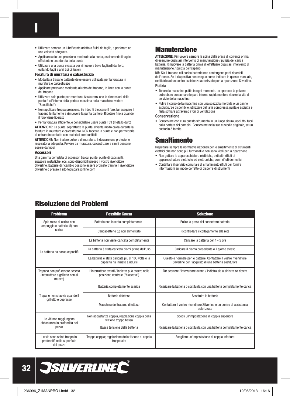 Manutenzione, Smaltimento, Risoluzione dei problemi | Silverline 24V Combi Hammer Drill User Manual | Page 33 / 40