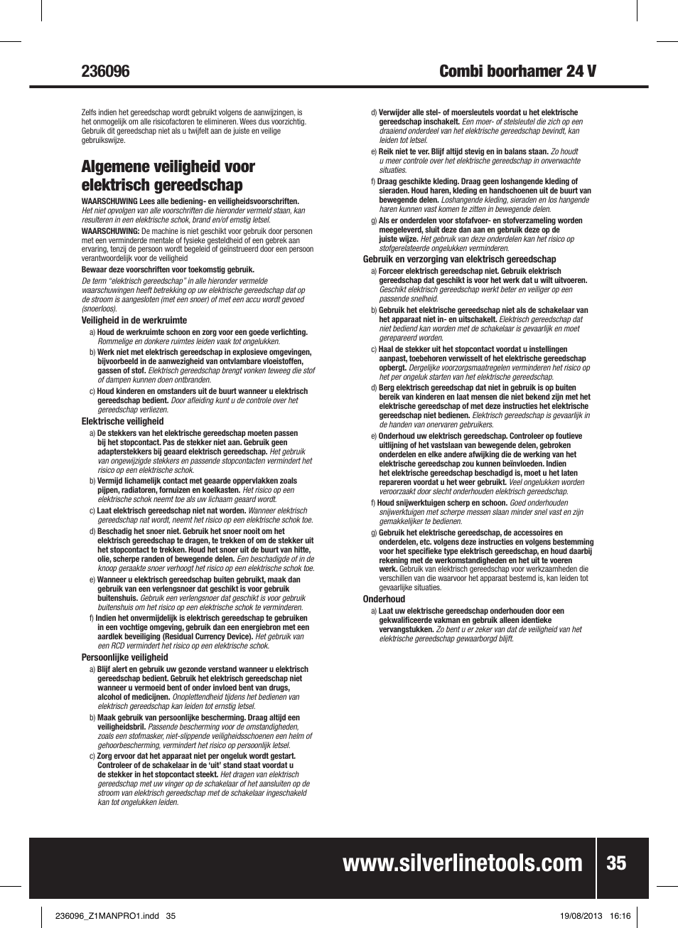 Algemene veiligheid voor elektrisch gereedschap | Silverline 24V Combi Hammer Drill User Manual | Page 36 / 40