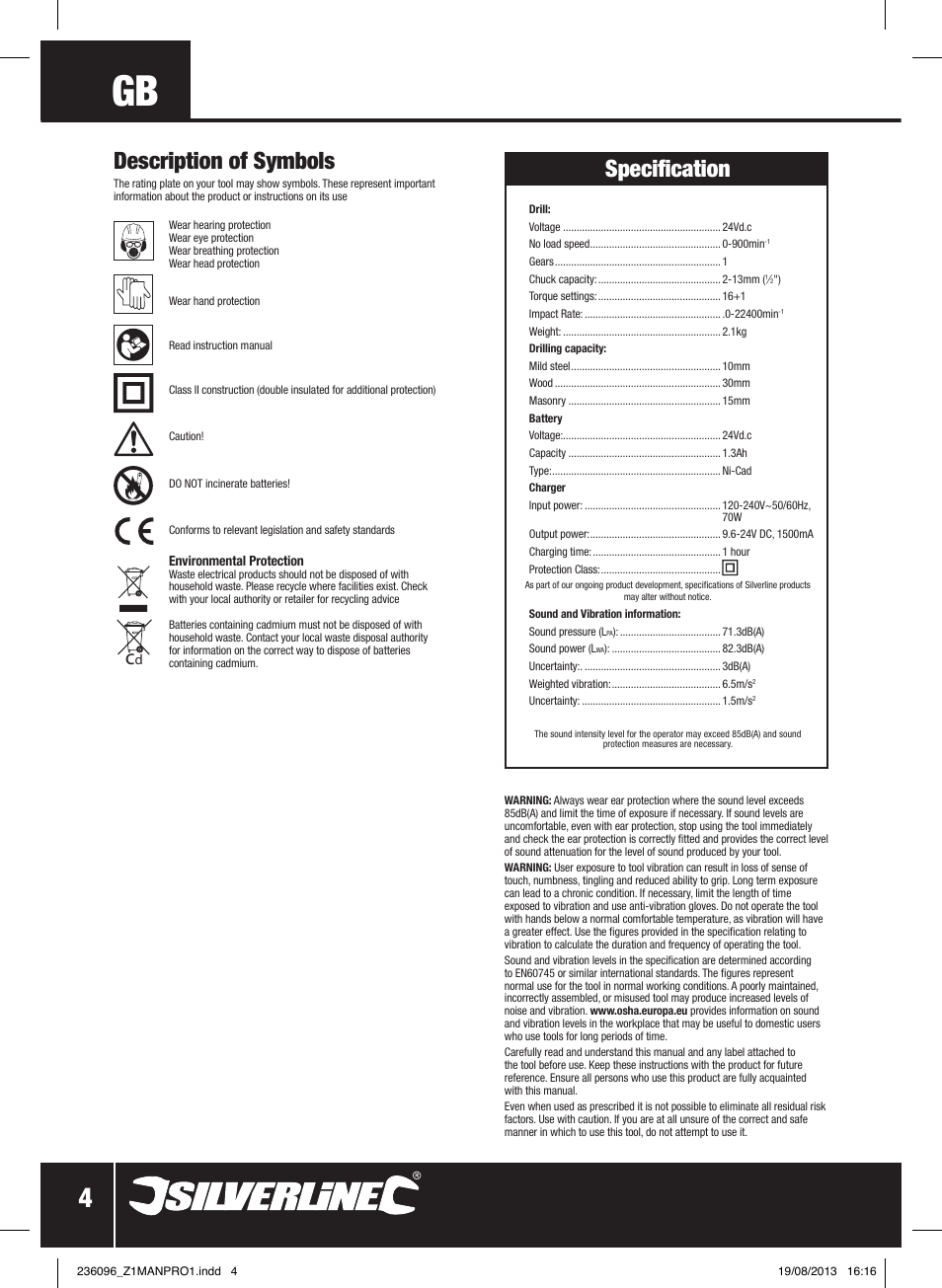 Description of symbols, Specification | Silverline 24V Combi Hammer Drill User Manual | Page 5 / 40