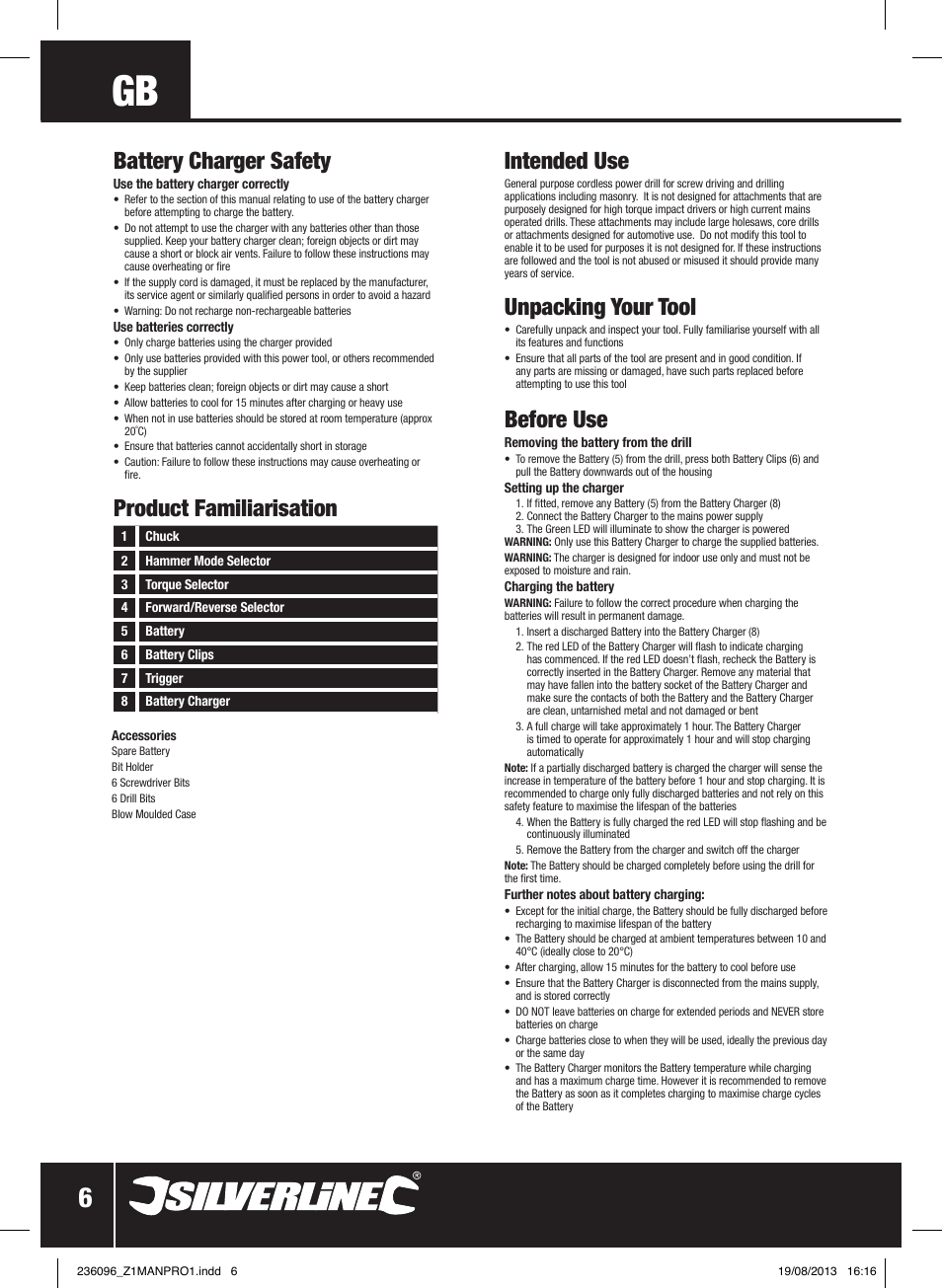 Battery charger safety, Product familiarisation intended use, Unpacking your tool | Before use | Silverline 24V Combi Hammer Drill User Manual | Page 7 / 40