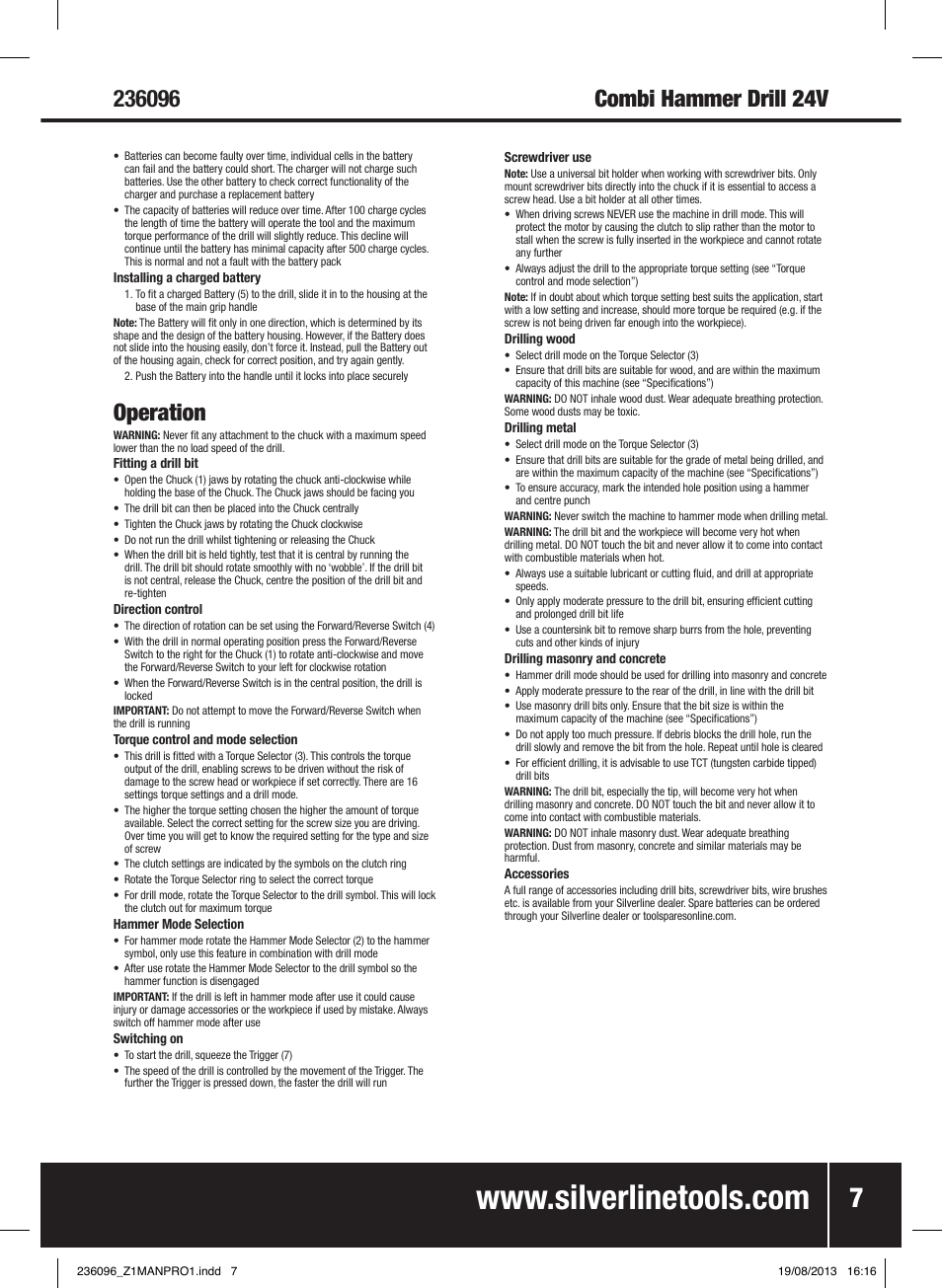 Operation | Silverline 24V Combi Hammer Drill User Manual | Page 8 / 40