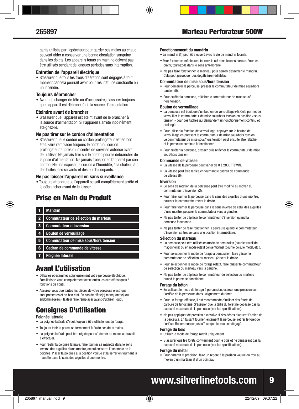 Prise en main du produit avant l’utilisation, Consignes d’utilisation | Silverline 500W Hammer Drill User Manual | Page 10 / 28