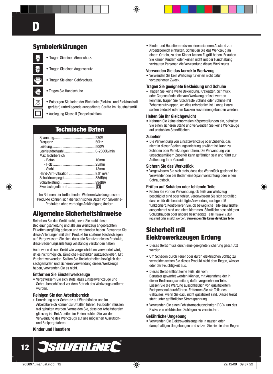 Symbolerklärungen, Sicherheit mit elektrowerkzeugen erdung, Technische daten | Allgemeine sicherheitshinweise | Silverline 500W Hammer Drill User Manual | Page 13 / 28