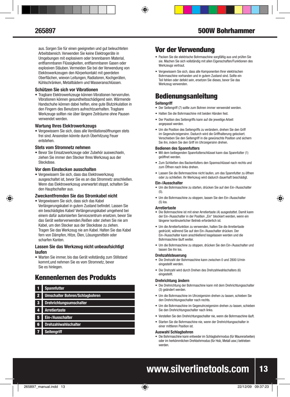 Kennenlernen des produkts vor der verwendung, Bedienungsanleitung | Silverline 500W Hammer Drill User Manual | Page 14 / 28