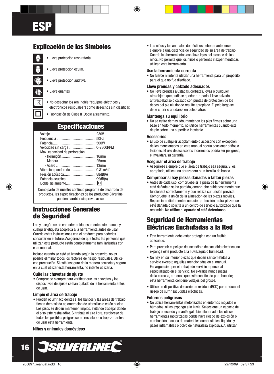 Explicación de los símbolos, Especificaciones, Instrucciones generales de seguridad | Silverline 500W Hammer Drill User Manual | Page 17 / 28