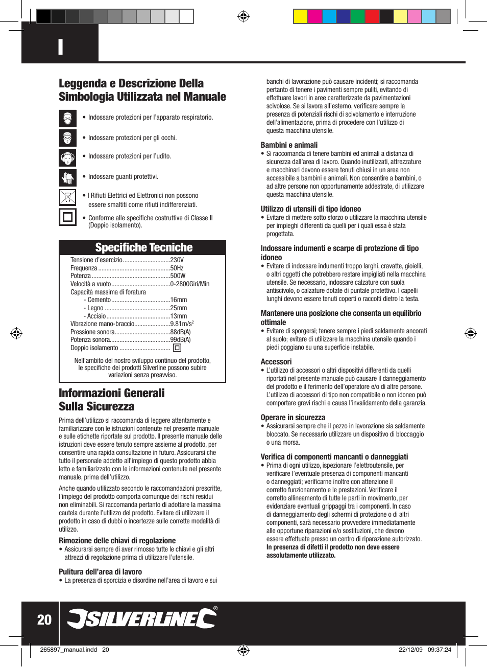 Specifiche tecniche, Informazioni generali sulla sicurezza | Silverline 500W Hammer Drill User Manual | Page 21 / 28