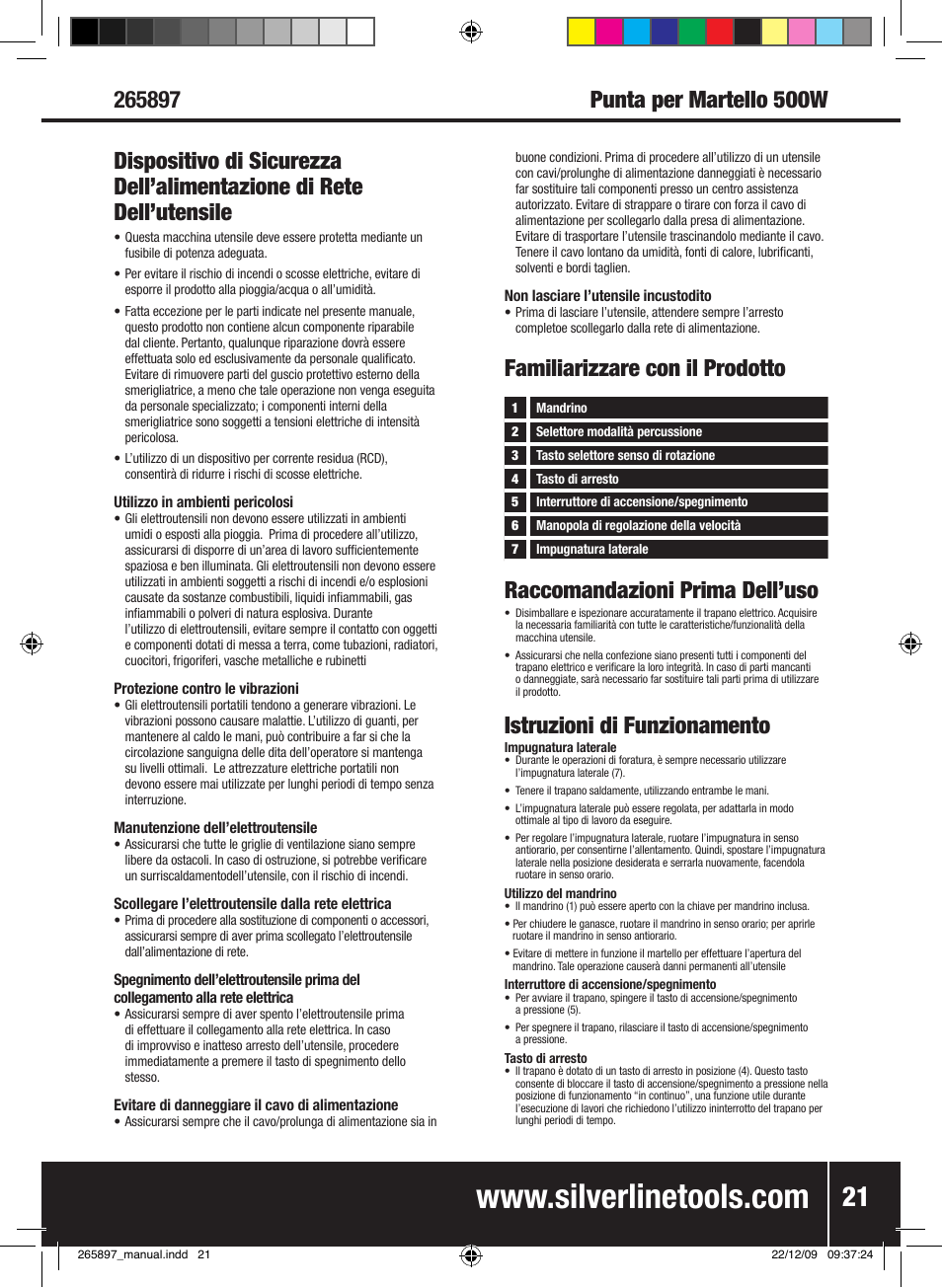 Istruzioni di funzionamento | Silverline 500W Hammer Drill User Manual | Page 22 / 28