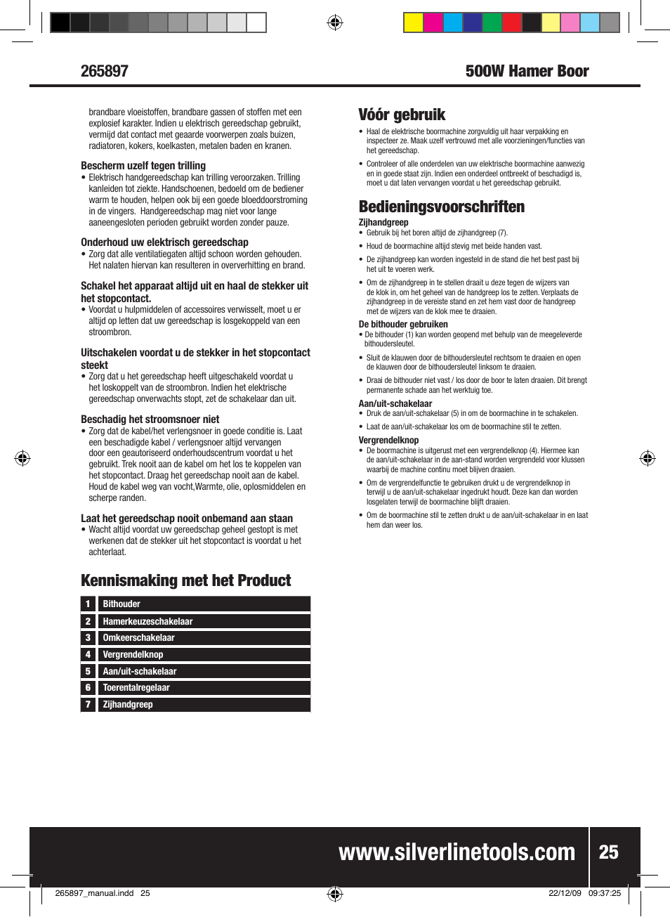 Kennismaking met het product vóór gebruik, Bedieningsvoorschriften | Silverline 500W Hammer Drill User Manual | Page 26 / 28