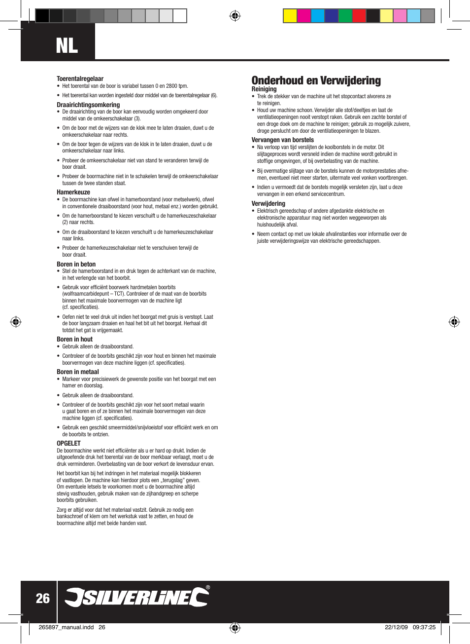 Onderhoud en verwijdering | Silverline 500W Hammer Drill User Manual | Page 27 / 28