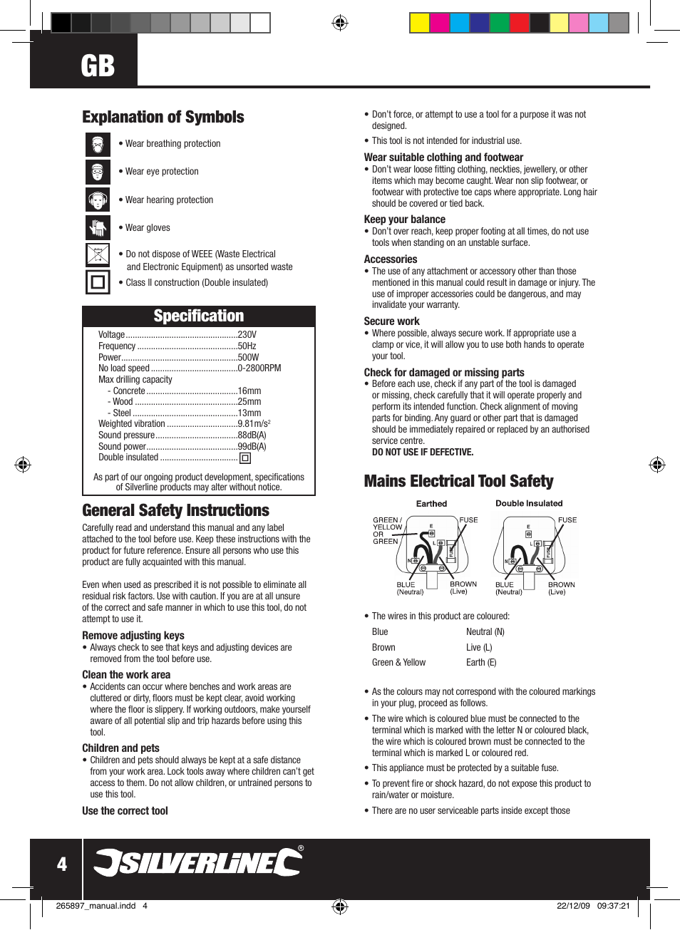 Mains electrical tool safety, General safety instructions, Explanation of symbols | Specification | Silverline 500W Hammer Drill User Manual | Page 5 / 28