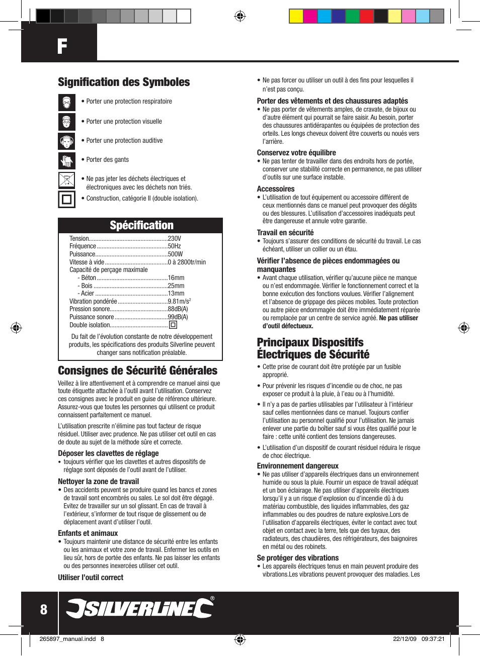 Signification des symboles, Principaux dispositifs électriques de sécurité, Spécification | Consignes de sécurité générales | Silverline 500W Hammer Drill User Manual | Page 9 / 28