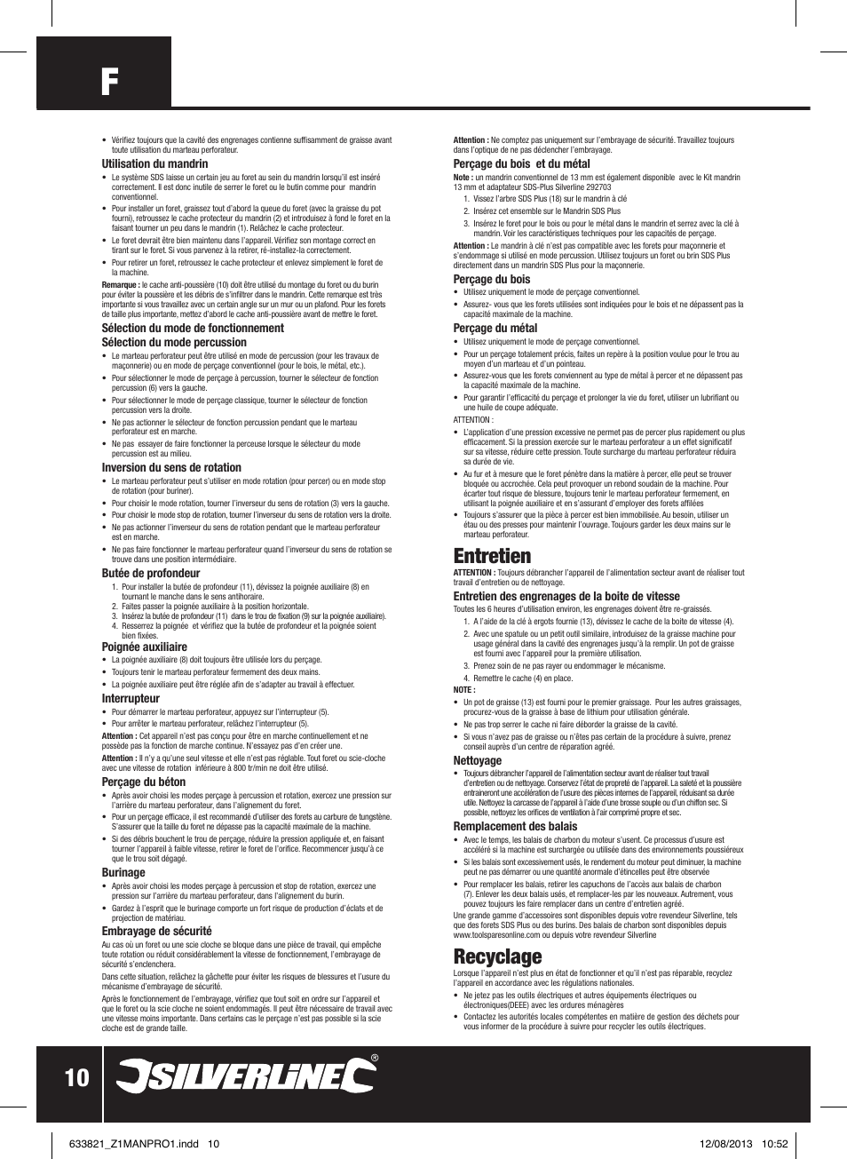 Entretien, Recyclage | Silverline 850W SDS Plus Hammer Drill User Manual | Page 11 / 28