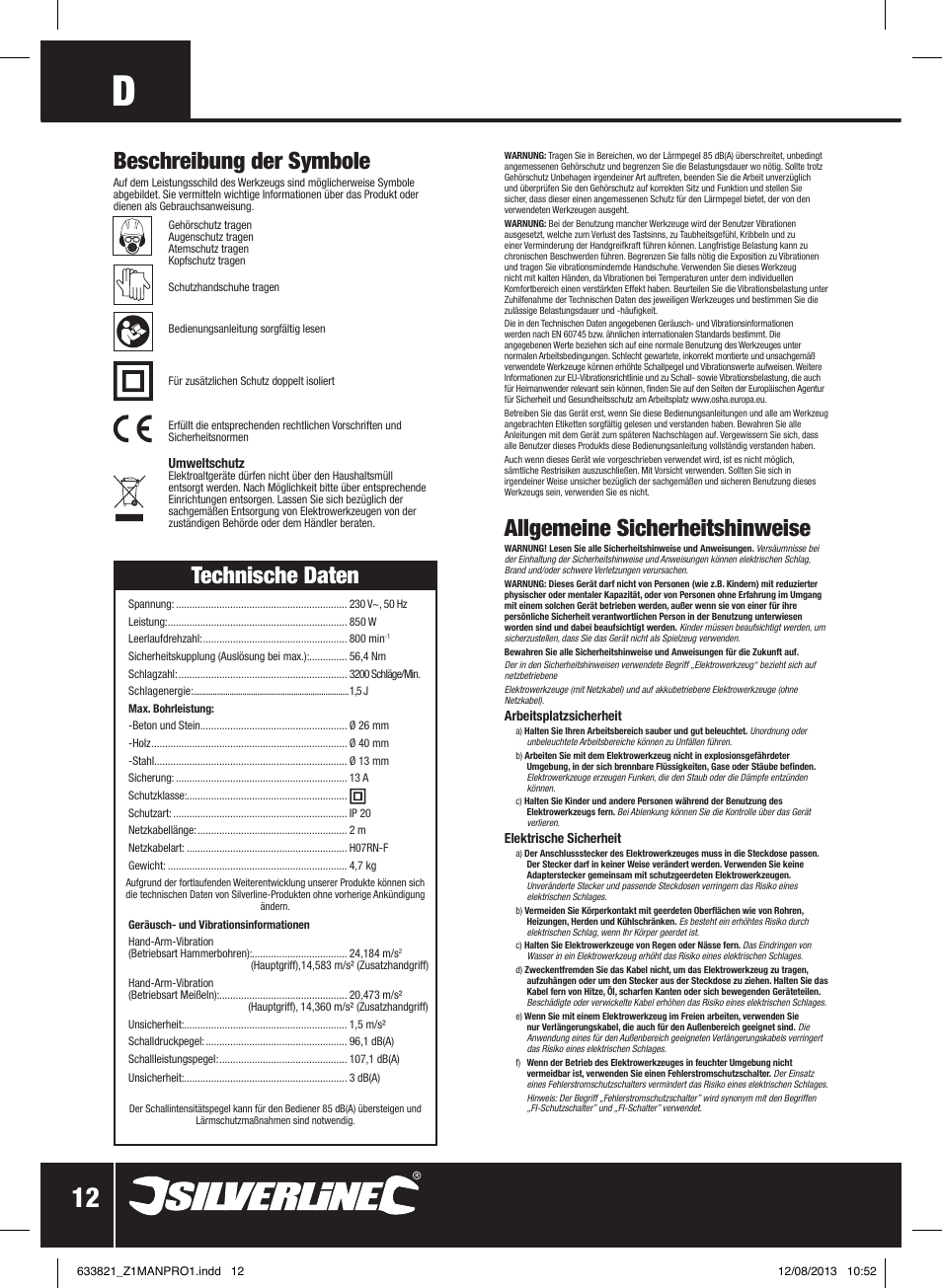 Allgemeine sicherheitshinweise, Beschreibung der symbole, Technische daten | Silverline 850W SDS Plus Hammer Drill User Manual | Page 13 / 28