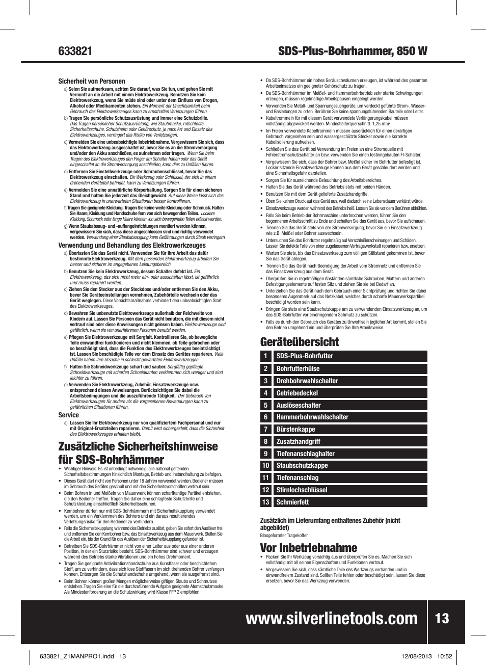 Zusätzliche sicherheitshinweise für sds-bohrhämmer, Vor inbetriebnahme, Geräteübersicht | Silverline 850W SDS Plus Hammer Drill User Manual | Page 14 / 28