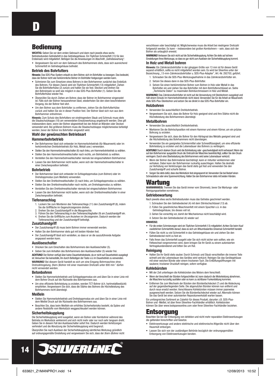Bedienung, Wartung, Entsorgung | Silverline 850W SDS Plus Hammer Drill User Manual | Page 15 / 28
