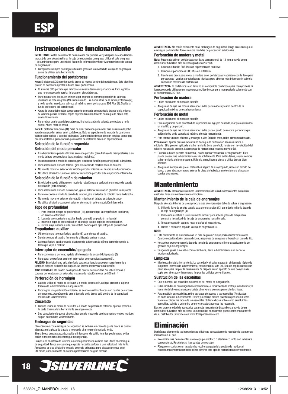 Instrucciones de funcionamiento, Mantenimiento, Eliminación | Silverline 850W SDS Plus Hammer Drill User Manual | Page 19 / 28