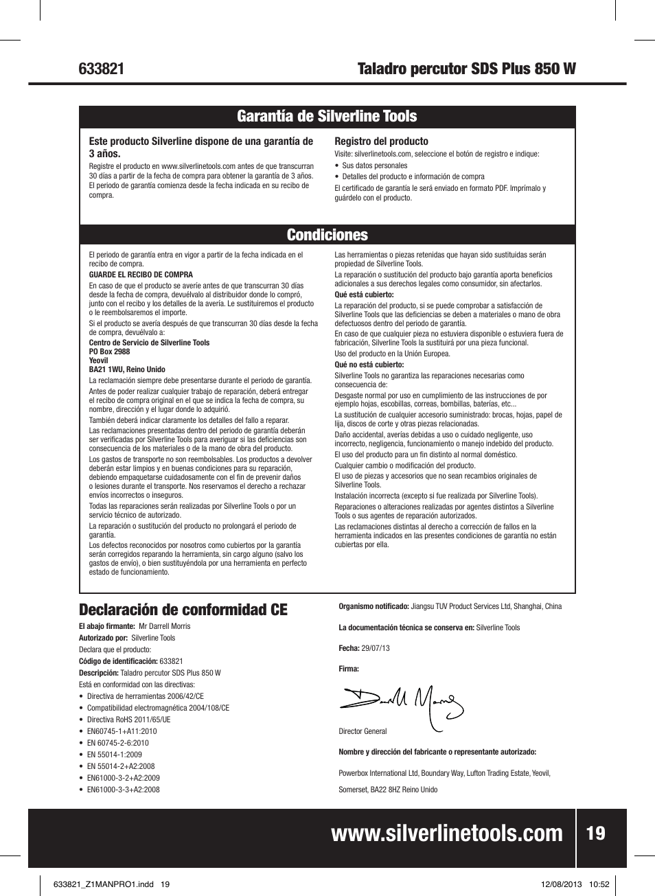 Declaración de conformidad ce | Silverline 850W SDS Plus Hammer Drill User Manual | Page 20 / 28