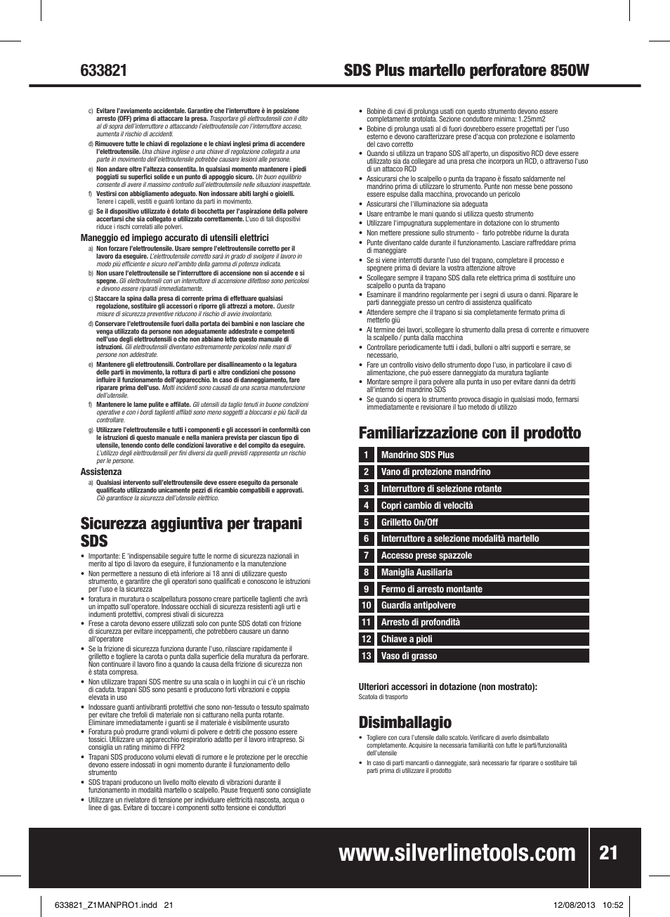 Sicurezza aggiuntiva per trapani sds, Disimballagio, Familiarizzazione con il prodotto | Silverline 850W SDS Plus Hammer Drill User Manual | Page 22 / 28
