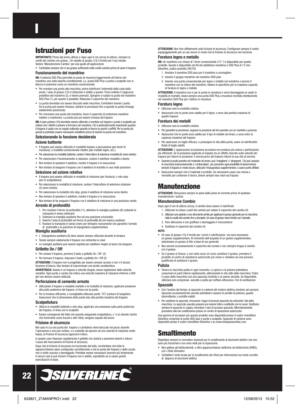 Istruzioni per l'uso, Manutenzione, Smaltimento | Silverline 850W SDS Plus Hammer Drill User Manual | Page 23 / 28