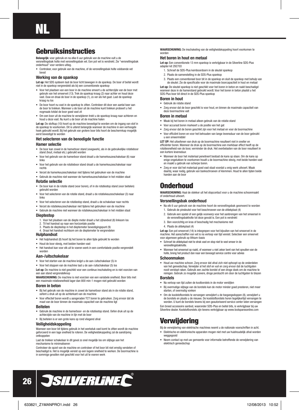 Gebruiksinstructies, Onderhoud, Verwijdering | Silverline 850W SDS Plus Hammer Drill User Manual | Page 27 / 28