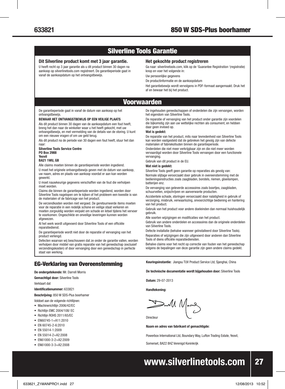 Voorwaarden silverline tools garantie, Eg-verklaring van overeenstemming | Silverline 850W SDS Plus Hammer Drill User Manual | Page 28 / 28