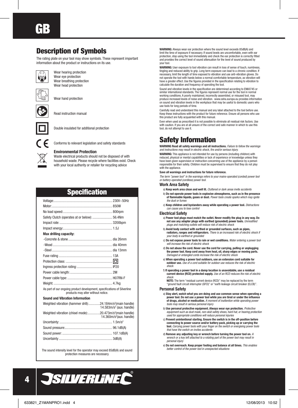 Safety information, Specification, Description of symbols | Silverline 850W SDS Plus Hammer Drill User Manual | Page 5 / 28