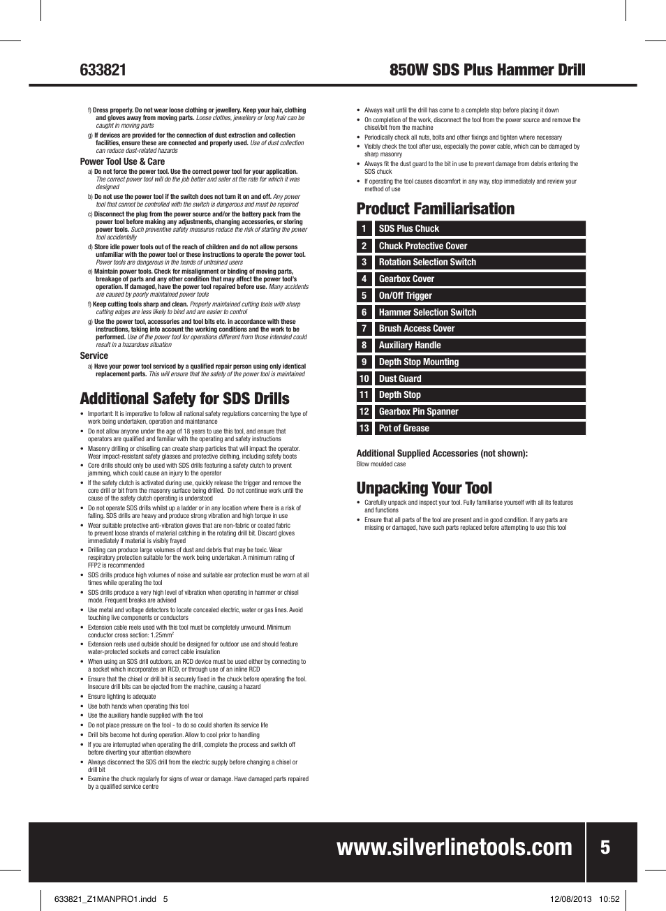 Unpacking your tool, Additional safety for sds drills, Product familiarisation | Silverline 850W SDS Plus Hammer Drill User Manual | Page 6 / 28